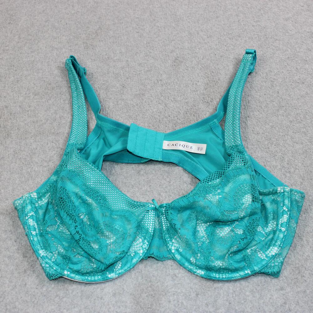 Cacique Bra Women 42C Green Floral Lace Balconette Underwire Lined Sexy Comfort
